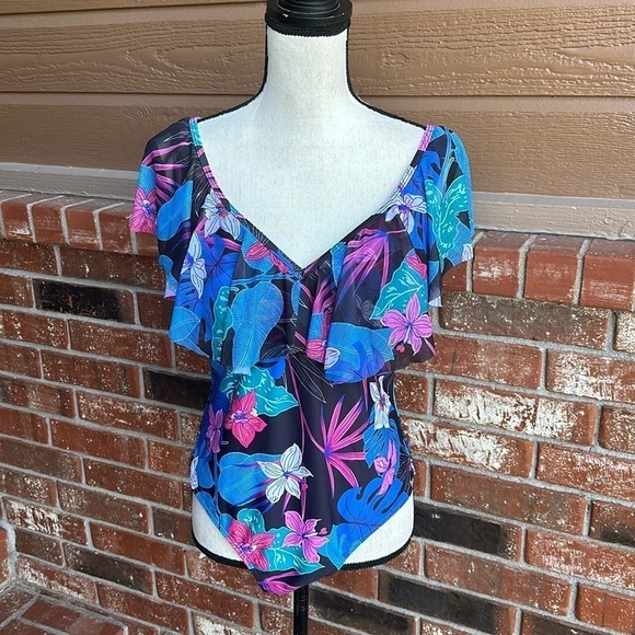 Women's Ruffle V Neck Flounce Sleeve Floral Tummy Control Swim Suit Size XL NWT - Picture 1 of 8